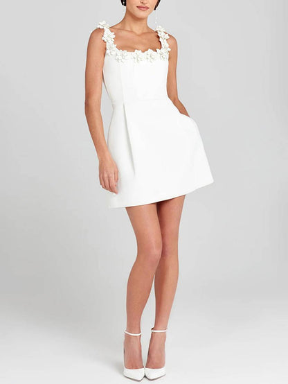 Cocolii robe patineuse trapèze fleurie appliques à fines brides col carré sans manches femme élégant bal de promo de cocktail