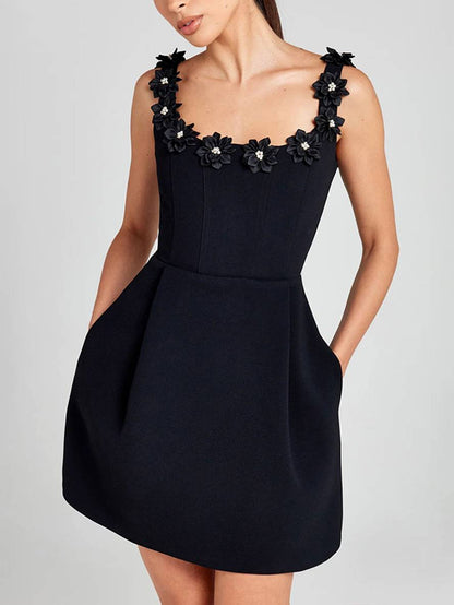 Cocolii robe patineuse trapèze fleurie appliques à fines brides col carré sans manches femme élégant bal de promo de cocktail