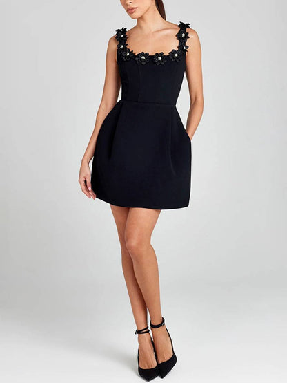 Cocolii robe patineuse trapèze fleurie appliques à fines brides col carré sans manches femme élégant bal de promo de cocktail