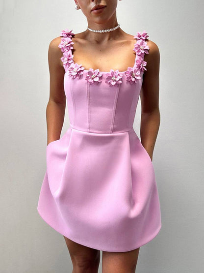 Cocolii robe patineuse trapèze fleurie appliques à fines brides col carré sans manches femme élégant bal de promo de cocktail