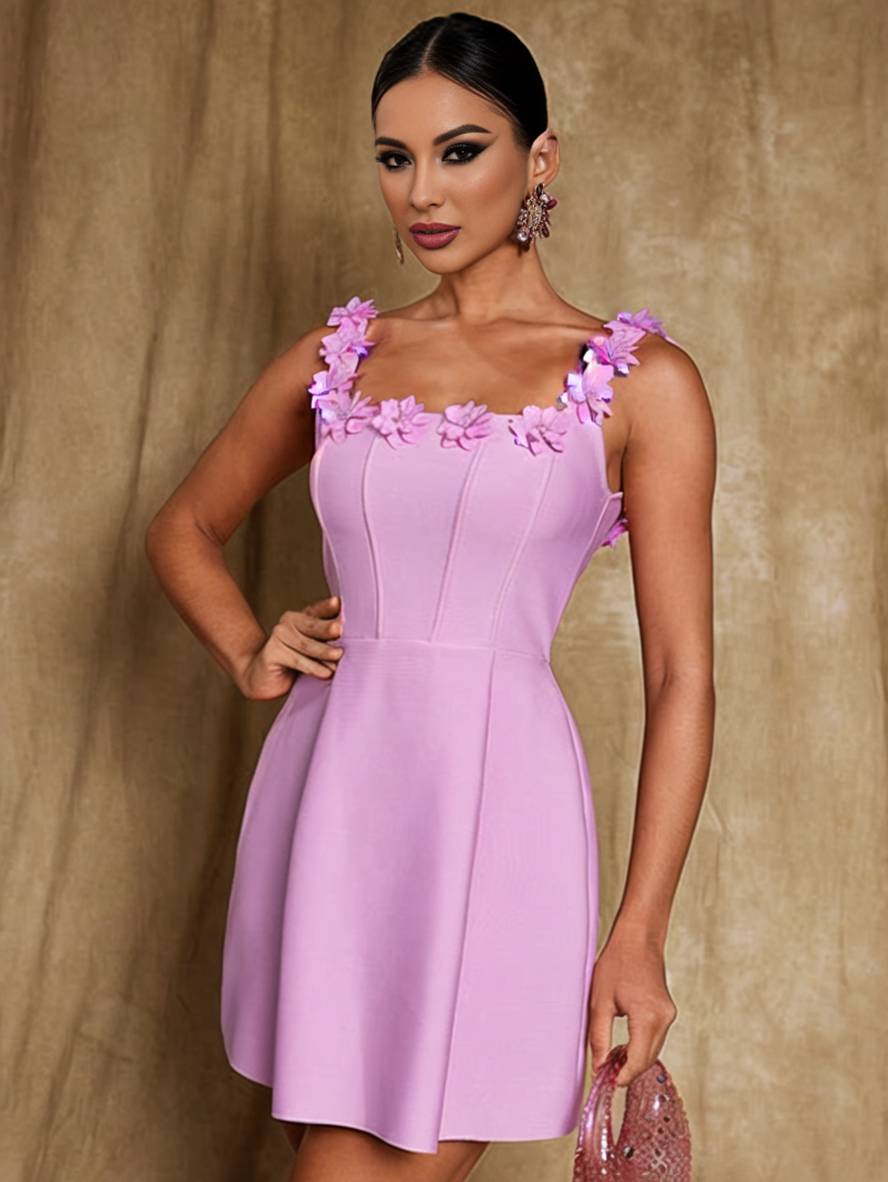 Cocolii robe patineuse trapèze fleurie appliques à fines brides col carré sans manches femme élégant bal de promo de cocktail