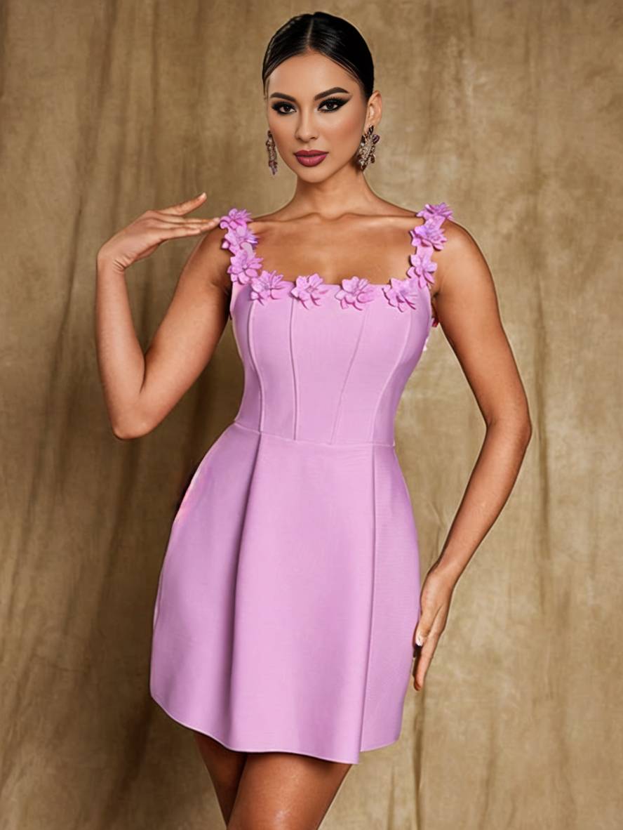 Cocolii robe patineuse trapèze fleurie appliques à fines brides col carré sans manches femme élégant bal de promo de cocktail