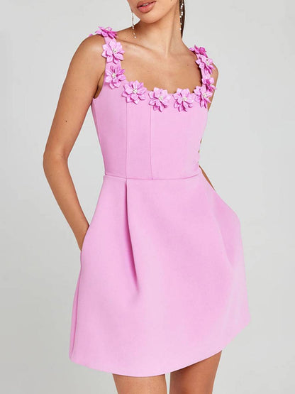 Cocolii robe patineuse trapèze fleurie appliques à fines brides col carré sans manches femme élégant bal de promo de cocktail