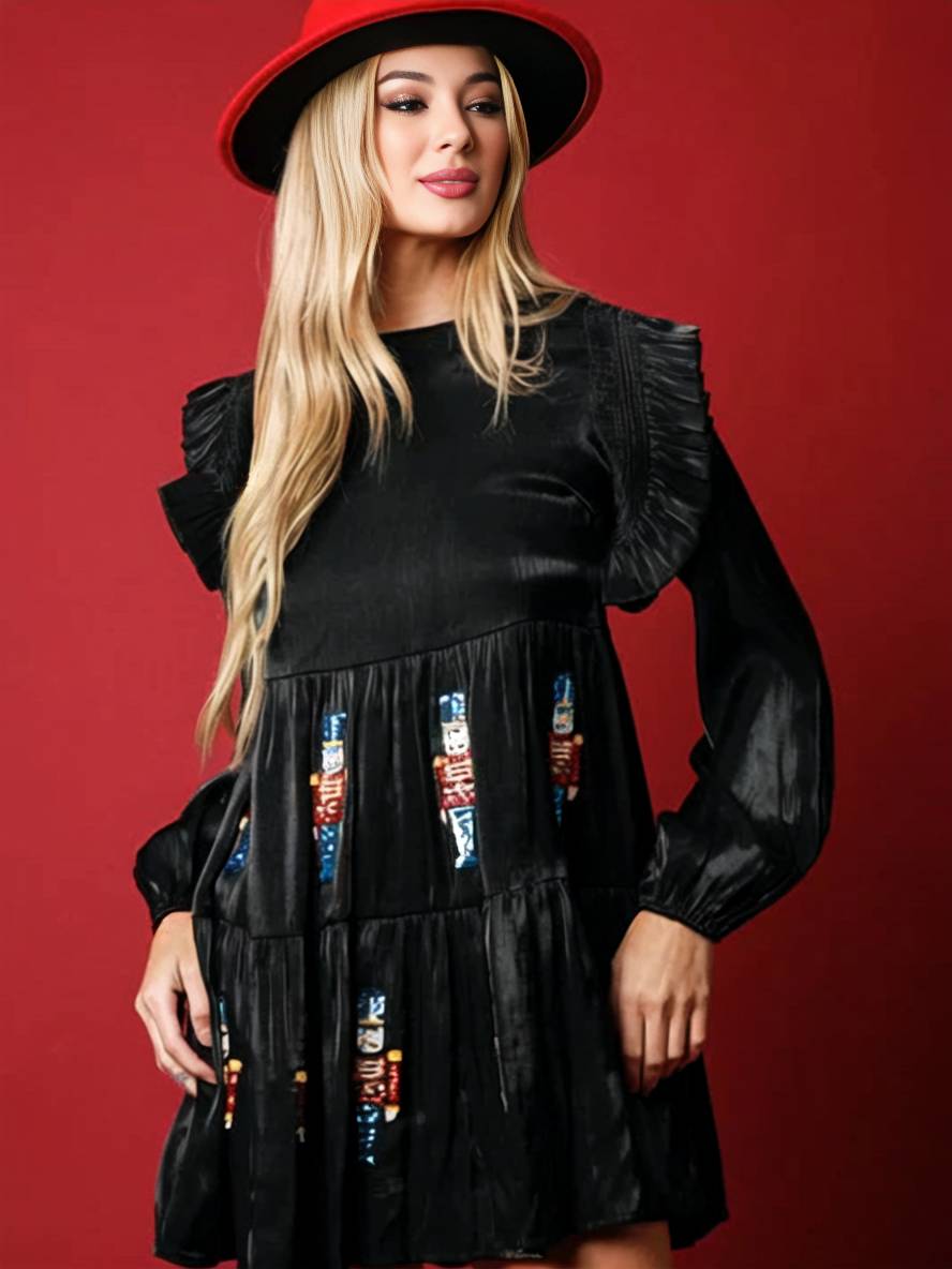 Cocolii noël robe courte velours brillante paillette col rond brodée fluide manches longues femme élégant de cocktail