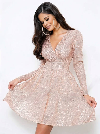 Cocolii robe courte trapèze brillante paillette v-cou manches longues femme élégant de soirée de cocktail