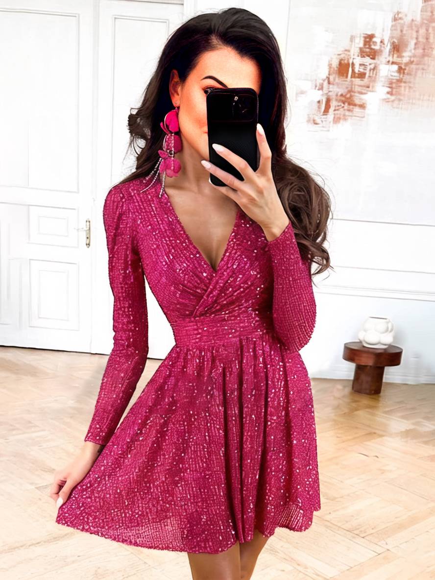 Cocolii robe courte trapèze brillante paillette v-cou manches longues femme élégant de soirée de cocktail