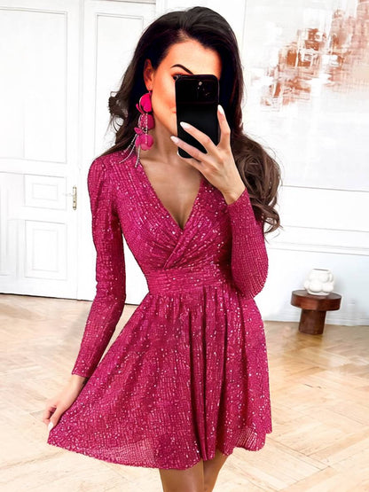 Cocolii robe courte trapèze brillante paillette v-cou manches longues femme élégant de soirée de cocktail