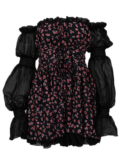 Cocolii robe courte trapèze tulle bustier dos nu manches bouffantes femme élégant bal de promo fete de cocktail