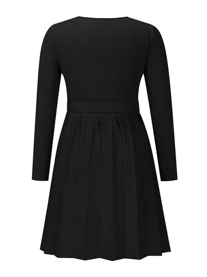 Cocolii pull robe courte moulante trapèze plissé v-cou ceinture manches longues femme élégant décontracté de cocktail