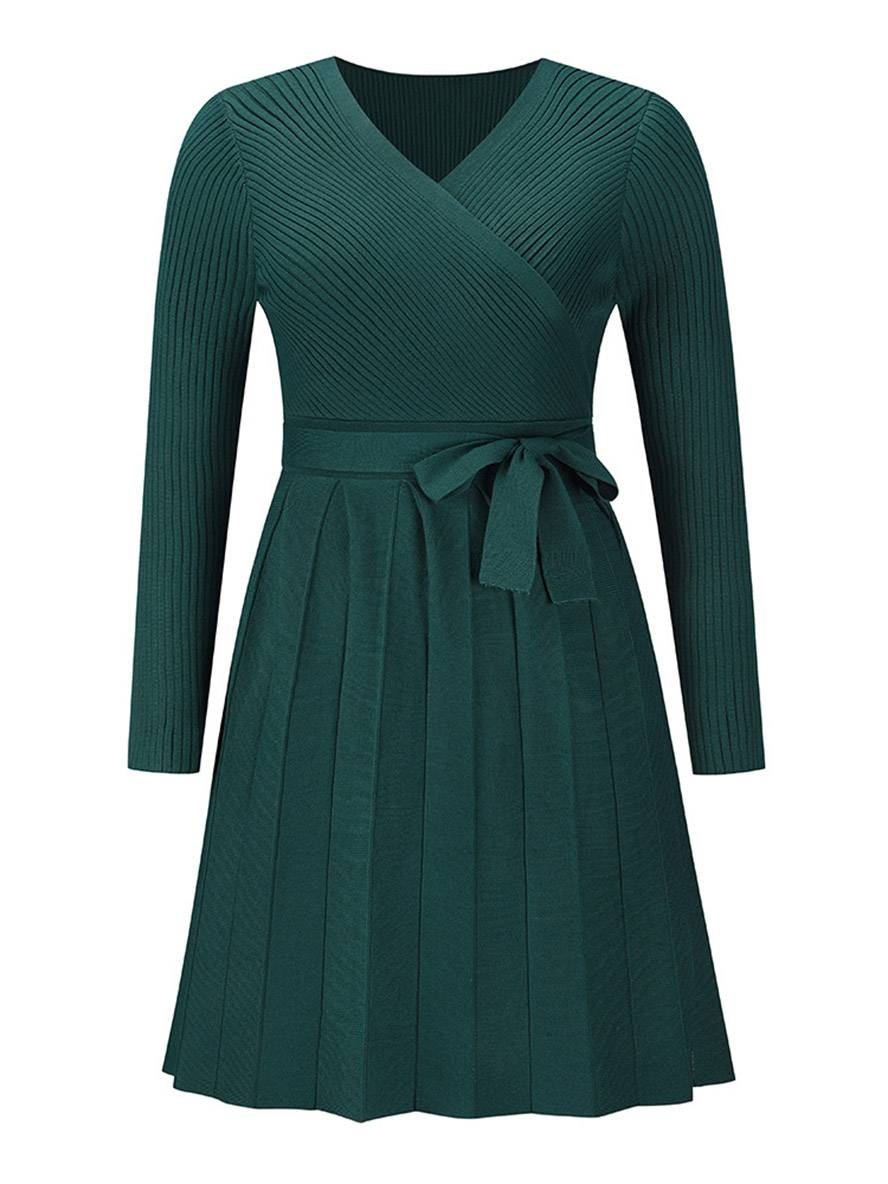 Cocolii pull robe courte moulante trapèze plissé v-cou ceinture manches longues femme élégant décontracté de cocktail