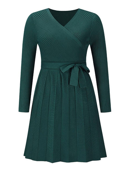 Cocolii pull robe courte moulante trapèze plissé v-cou ceinture manches longues femme élégant décontracté de cocktail