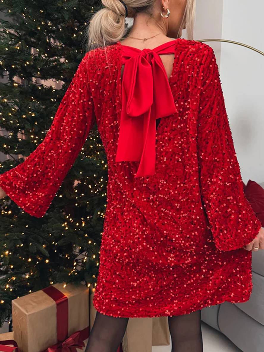 Cocolii robe courte noeud papillon brillante paillette dos nu col rond manches longues femme élégant de cocktail nouvel an