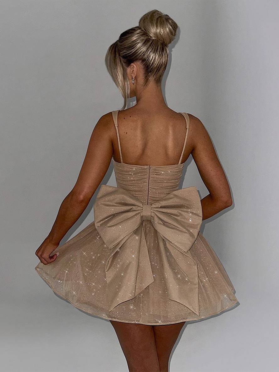 Cocolii robe courte trapèze tulle noeud papillon col carré sans manches femme élégant bal de promo de cocktail