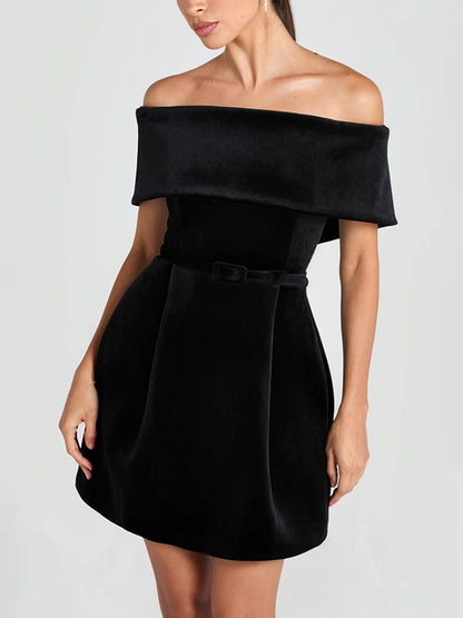 Cocolii robe courte trapèze velours col bateau poches ceinture femme élégant bal de promo fete de cocktail