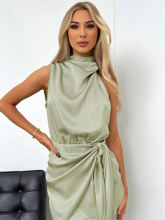 Cocolii robe courte irrégulière ceinture col roulé licou sans manches femme élégant cérémonie invité mariage de cocktail