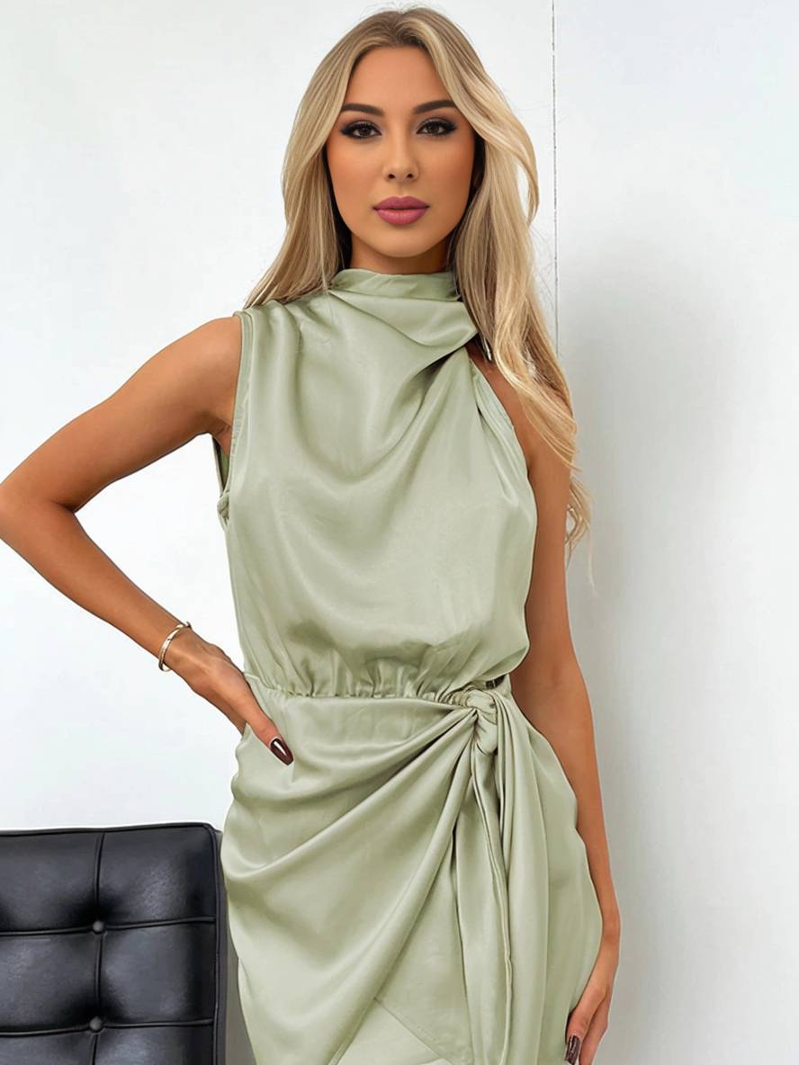 Cocolii robe courte irrégulière ceinture col roulé licou sans manches femme élégant cérémonie invité mariage de cocktail