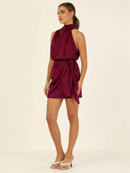 Cocolii robe courte irrégulière ceinture col roulé licou sans manches femme élégant cérémonie invité mariage de cocktail