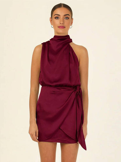 Cocolii robe courte irrégulière ceinture col roulé licou sans manches femme élégant cérémonie invité mariage de cocktail