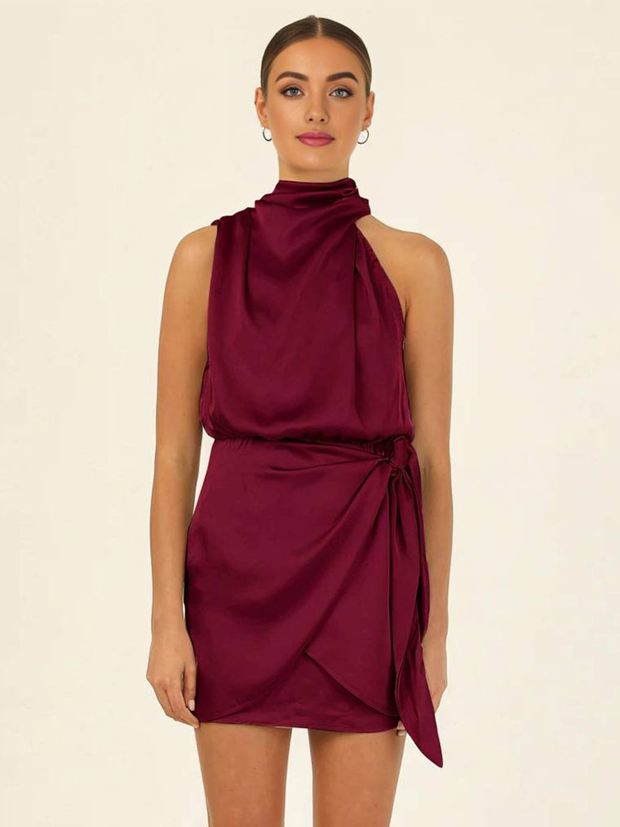 Cocolii robe courte irrégulière ceinture col roulé licou sans manches femme élégant cérémonie invité mariage de cocktail