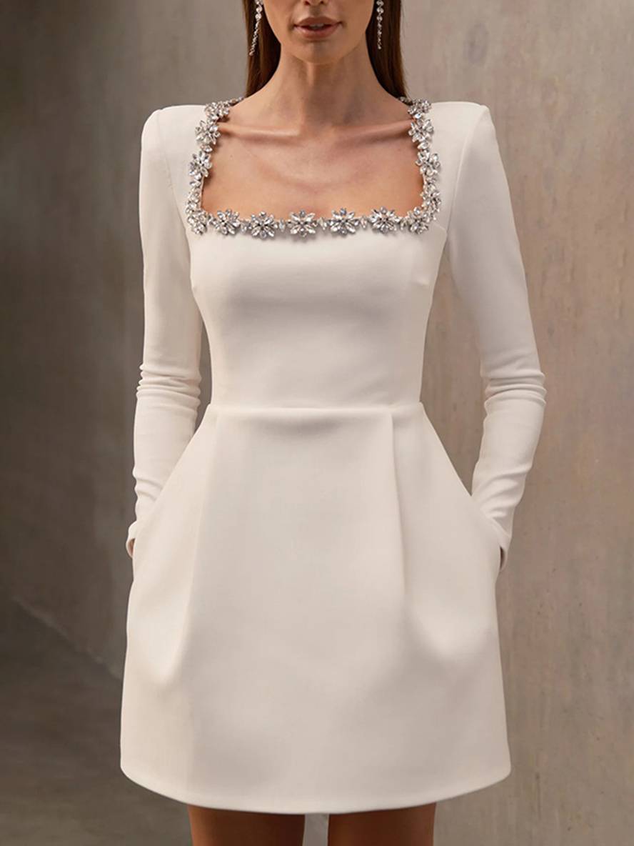 Cocolii robe courte trapèze en velours col carré manches longues poches femme doux élégant de cocktail anniversaire