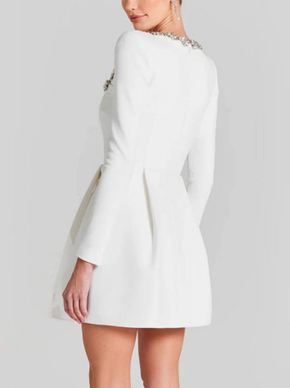 Cocolii robe courte trapèze en velours col carré manches longues poches femme doux élégant de cocktail anniversaire