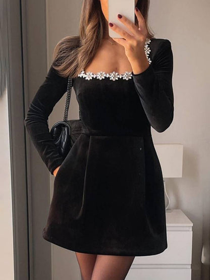 Cocolii robe courte trapèze en velours col carré manches longues poches femme doux élégant de cocktail anniversaire