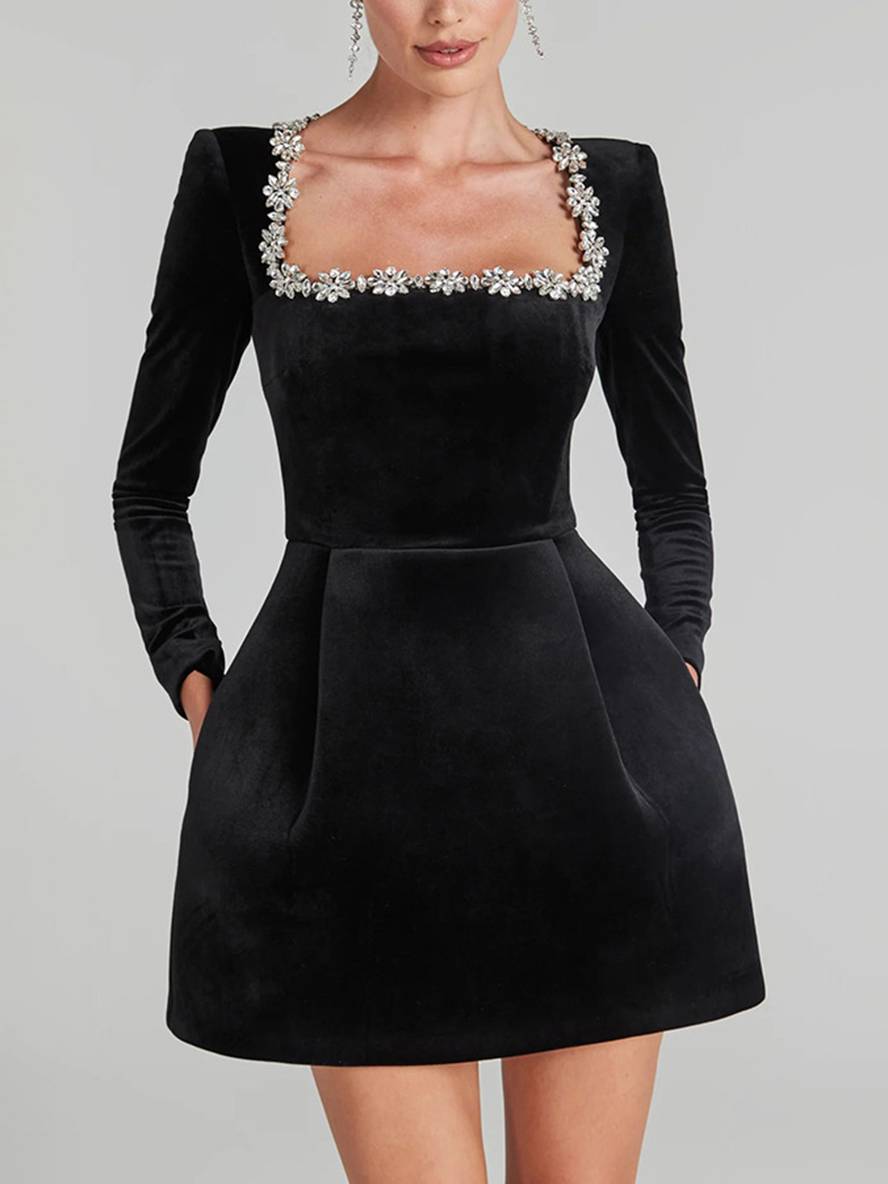 Cocolii robe courte trapèze en velours col carré manches longues poches femme doux élégant de cocktail anniversaire