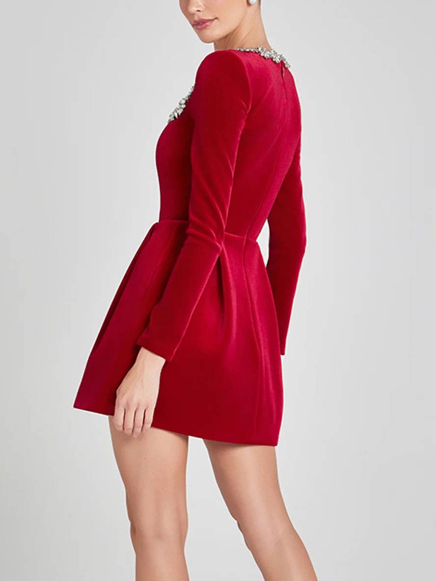 Cocolii robe courte trapèze en velours col carré manches longues poches femme doux élégant de cocktail anniversaire