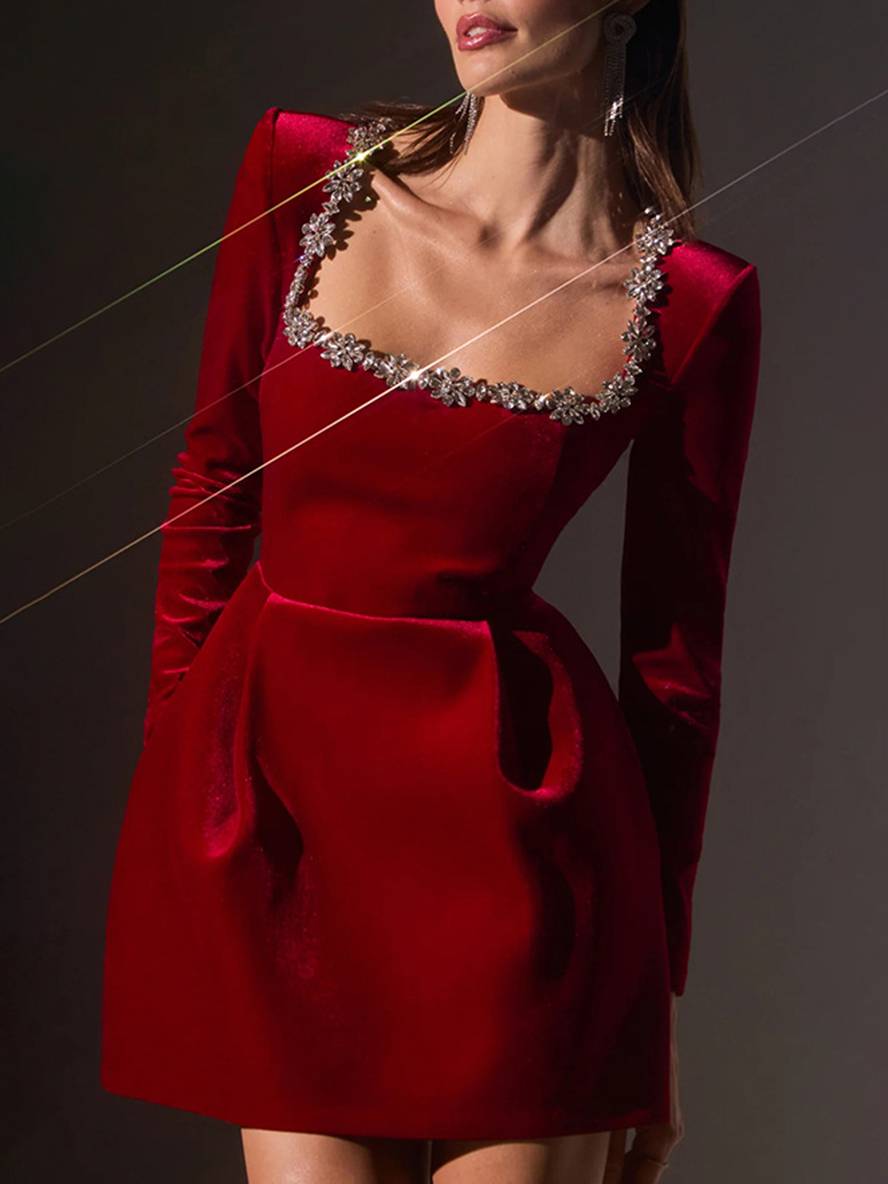 Cocolii robe courte trapèze en velours col carré manches longues poches femme doux élégant de cocktail anniversaire