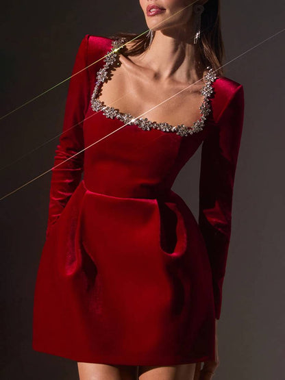 Cocolii robe courte trapèze en velours col carré manches longues poches femme doux élégant de cocktail anniversaire