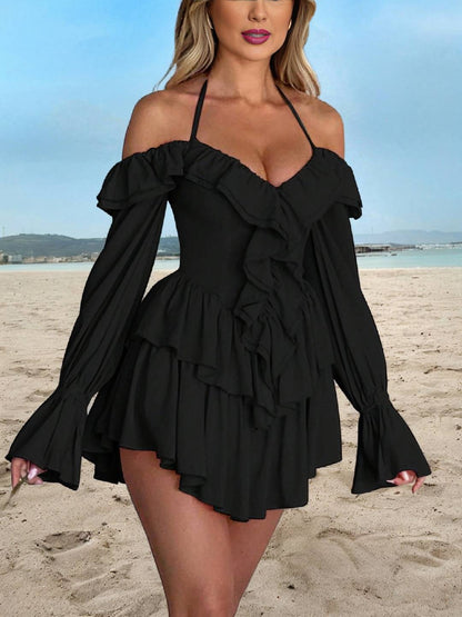 Cocolii robe courte col bateau à volantée dos nu manches évasées manches longues femme doux décontracté combinaisons