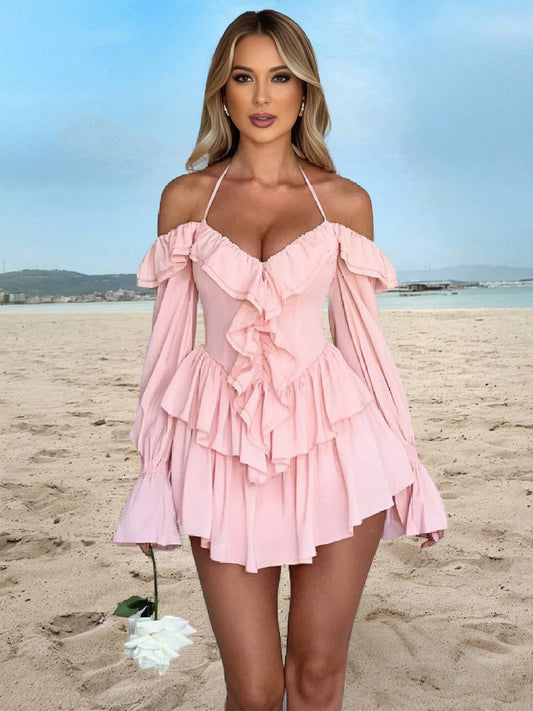 Cocolii robe courte col bateau à volantée dos nu manches évasées manches longues femme doux décontracté combinaisons