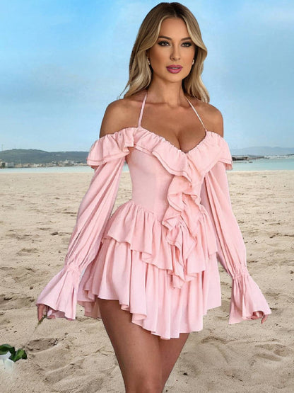 Cocolii robe courte col bateau à volantée dos nu manches évasées manches longues femme doux décontracté combinaisons