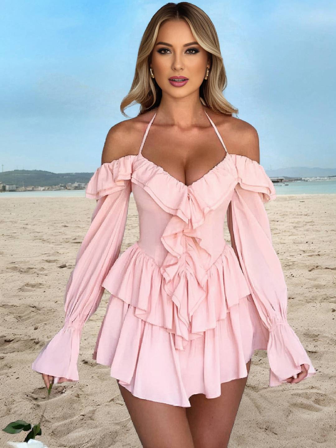 Cocolii robe courte col bateau à volantée dos nu manches évasées manches longues femme doux décontracté combinaisons