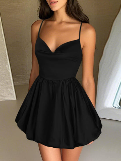 Cocolii robe courte en satin v-cou à fines brides dos nu sans manches femme doux élégant de fete cocktail anniversaire