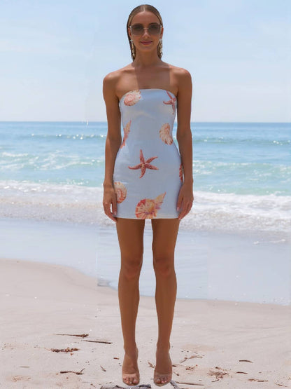 Cocolii robe courte bustier à motif coquillages et étoiles de mer décontracté pour vacances l'été
