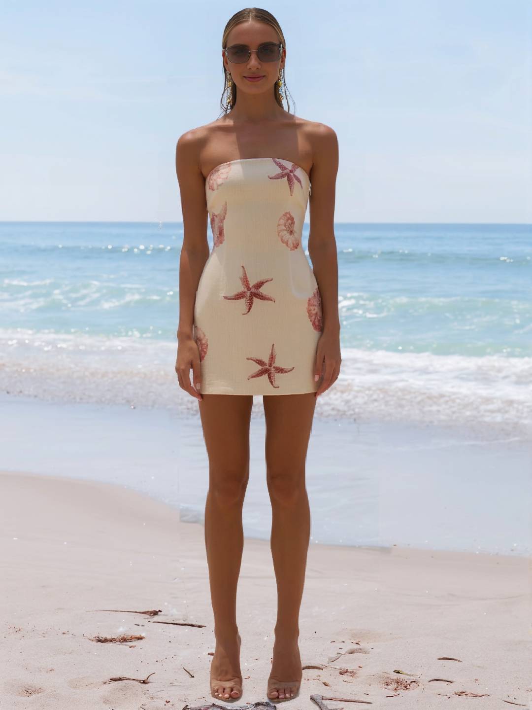 Cocolii robe courte bustier à motif coquillages et étoiles de mer décontracté pour vacances l'été