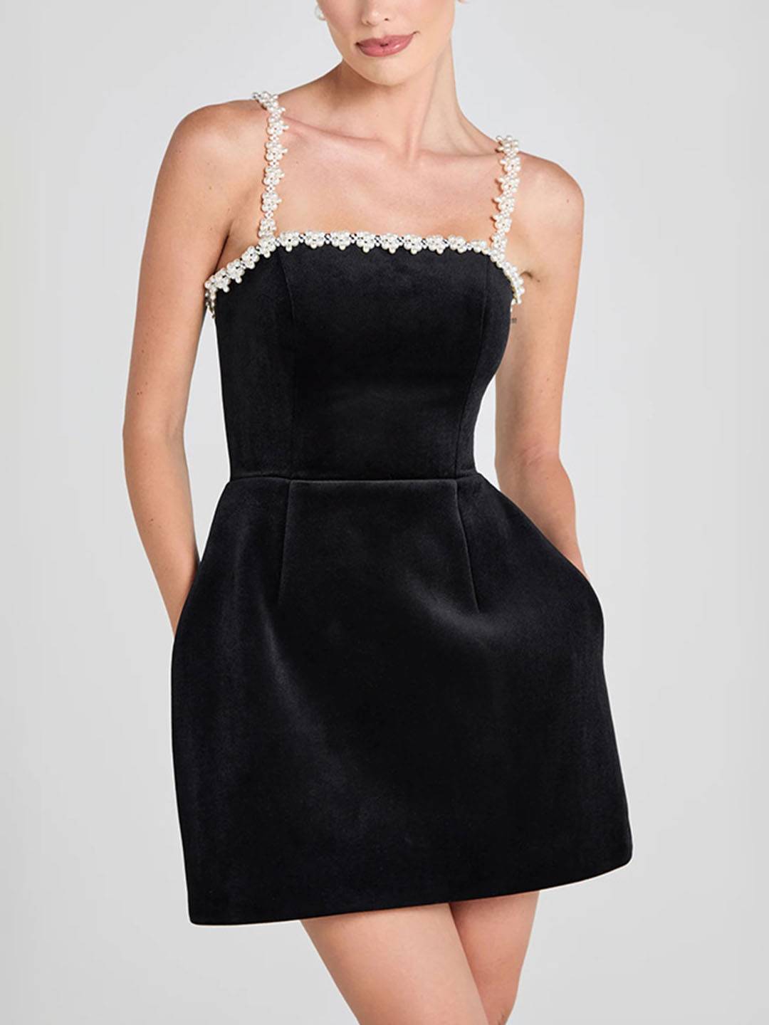 Cocolii robe patineuse trapèze pearl à fines brides poches dos nu sans manches femme élégant vintage de fete cocktail anniversaire