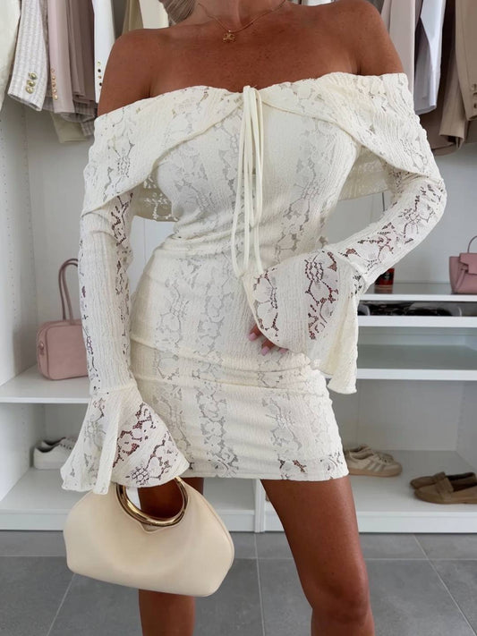 Cocolii robe courte en dentelle moulante bustier col bateau manches évasées manches longues casual boho de cocktail anniversaire