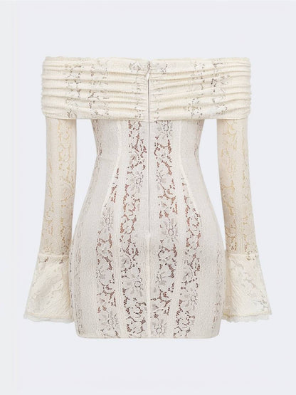 Cocolii robe courte en dentelle moulante bustier col bateau manches évasées manches longues casual boho de cocktail anniversaire