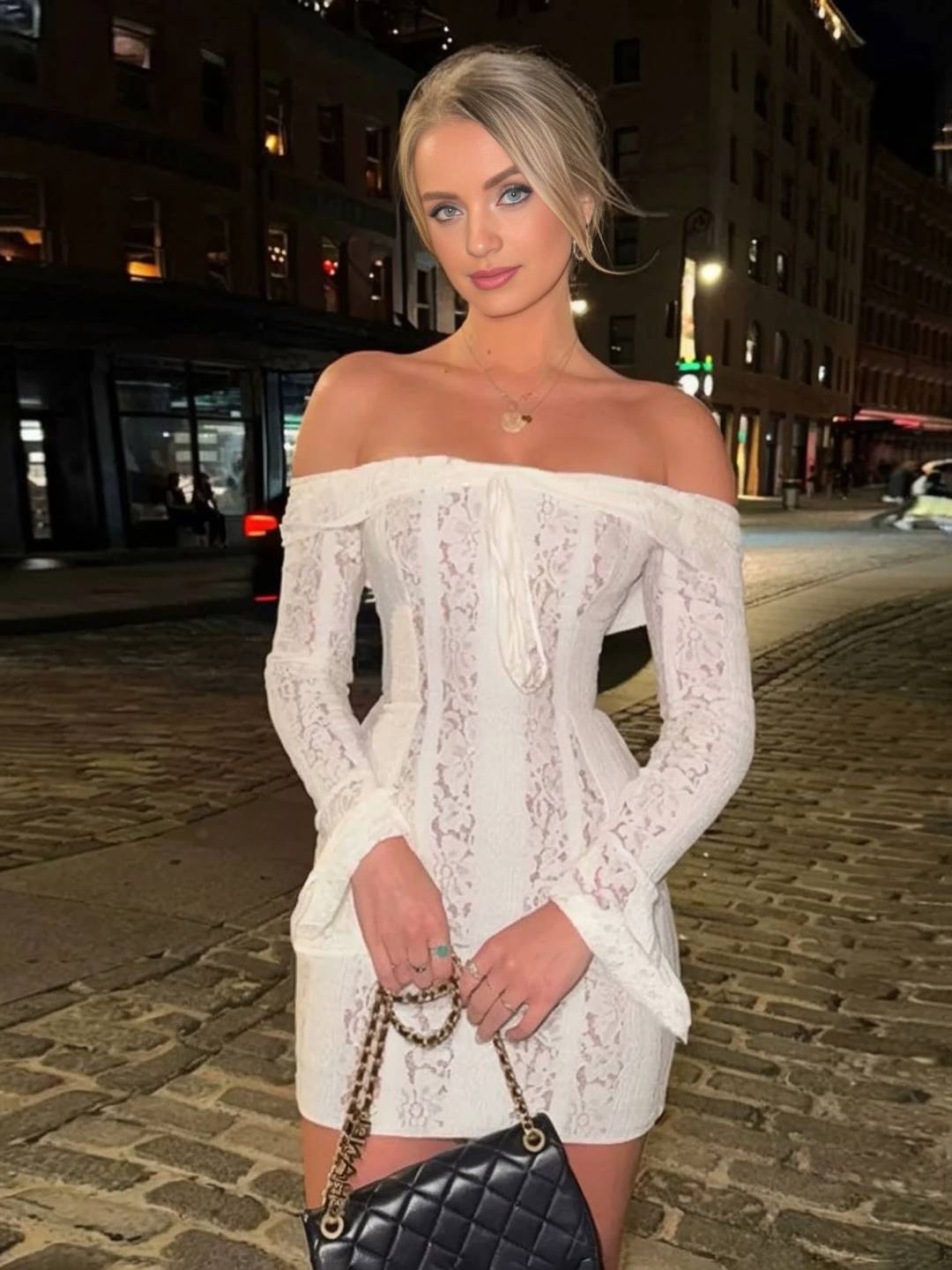 Cocolii robe courte en dentelle moulante bustier col bateau manches évasées manches longues casual boho de cocktail anniversaire