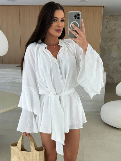 Cocolii mini robe v-cou ceinture irrégulière manches trompette manches longues femme casual bohème décontracté de plage