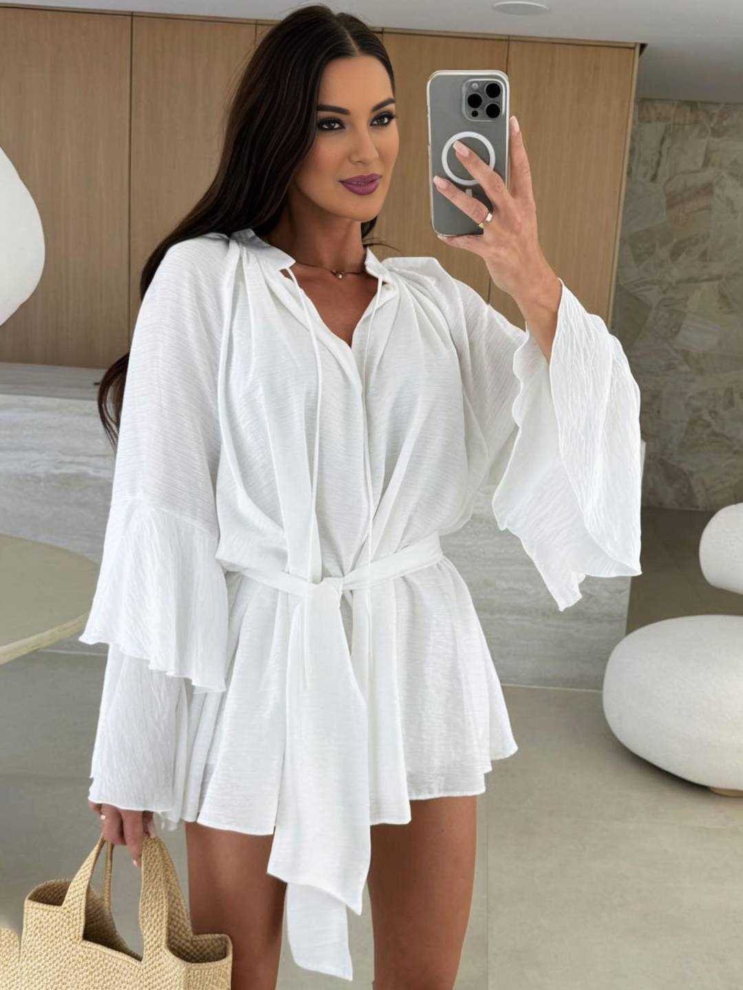 Cocolii mini robe v-cou ceinture irrégulière manches trompette manches longues femme casual bohème décontracté de plage