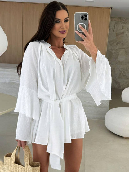 Cocolii mini robe v-cou ceinture irrégulière manches trompette manches longues femme casual bohème décontracté de plage