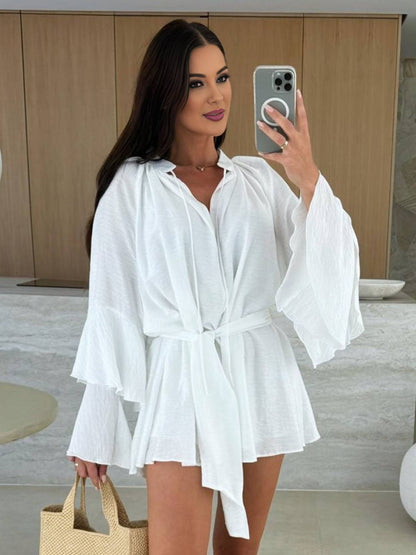 Cocolii mini robe v-cou ceinture irrégulière manches trompette manches longues femme casual bohème décontracté de plage