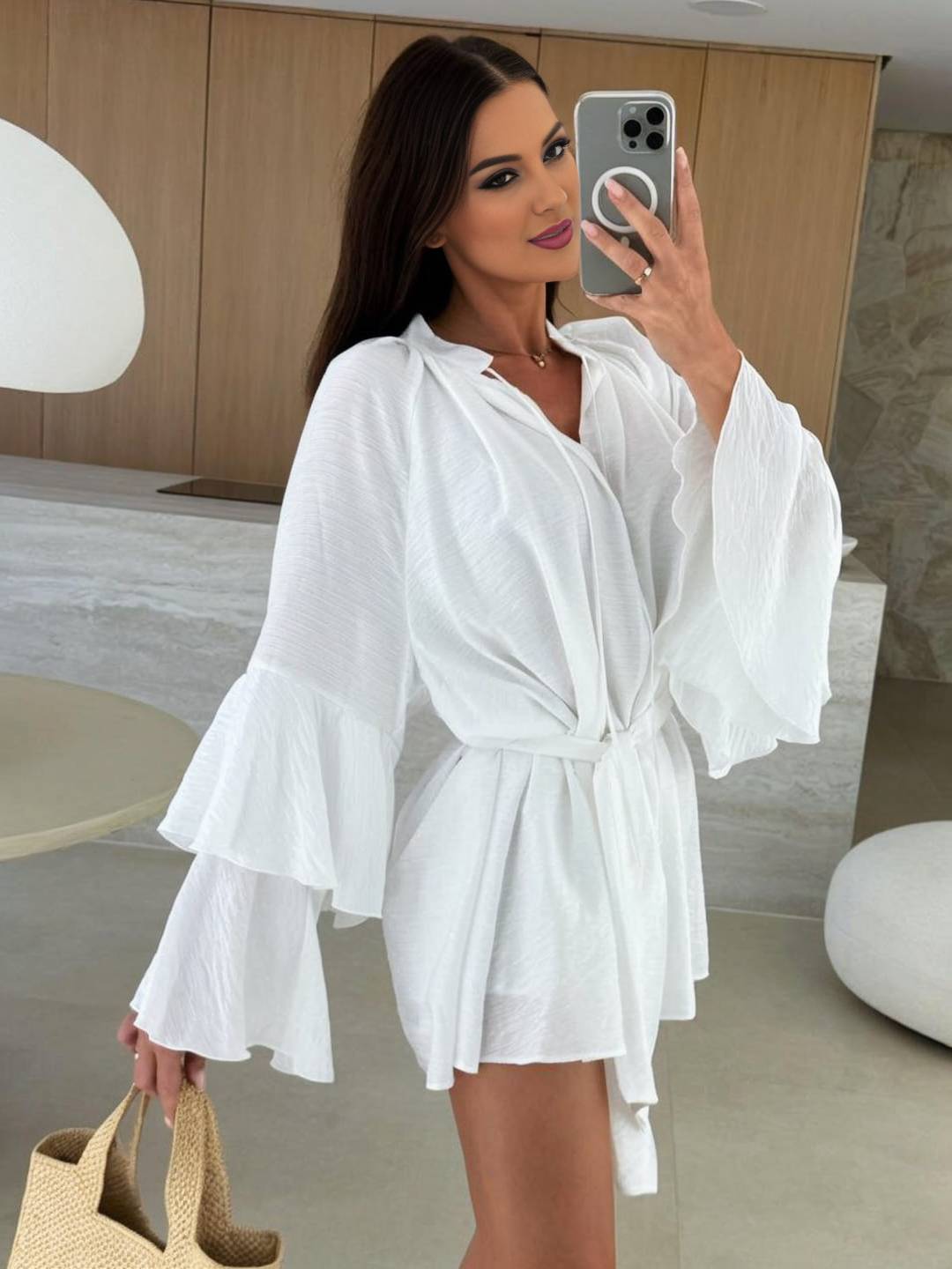 Cocolii mini robe v-cou ceinture irrégulière manches trompette manches longues femme casual bohème décontracté de plage