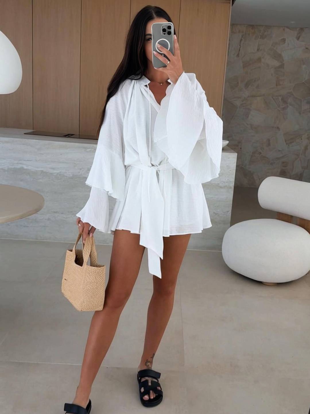 Cocolii mini robe v-cou ceinture irrégulière manches trompette manches longues femme casual bohème décontracté de plage