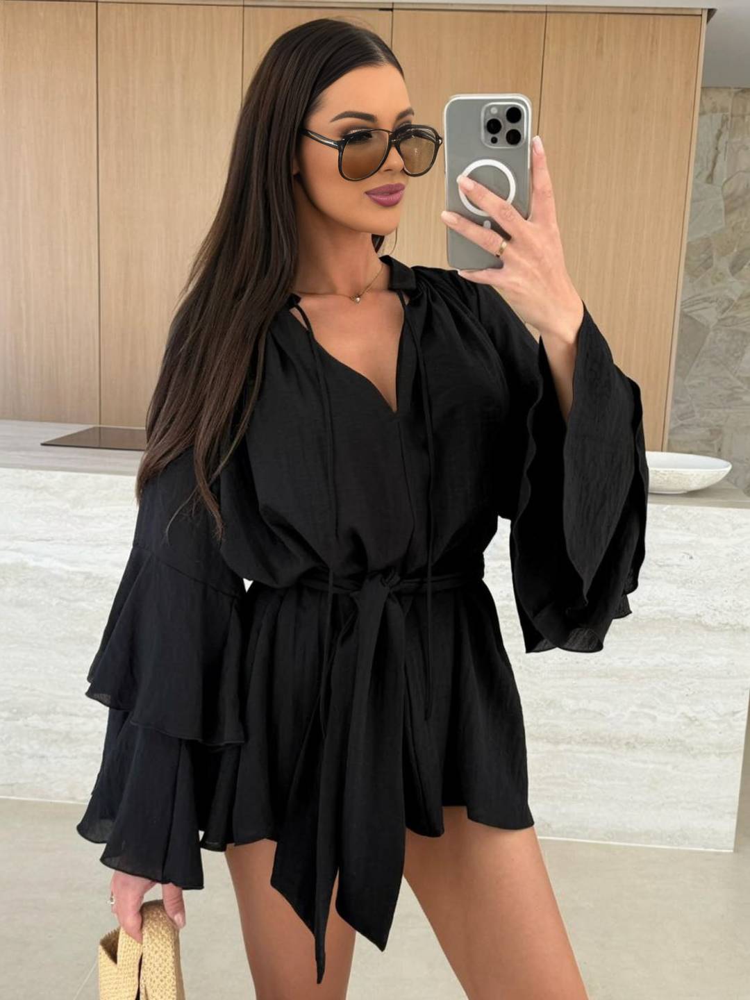 Cocolii mini robe v-cou ceinture irrégulière manches trompette manches longues femme casual bohème décontracté de plage