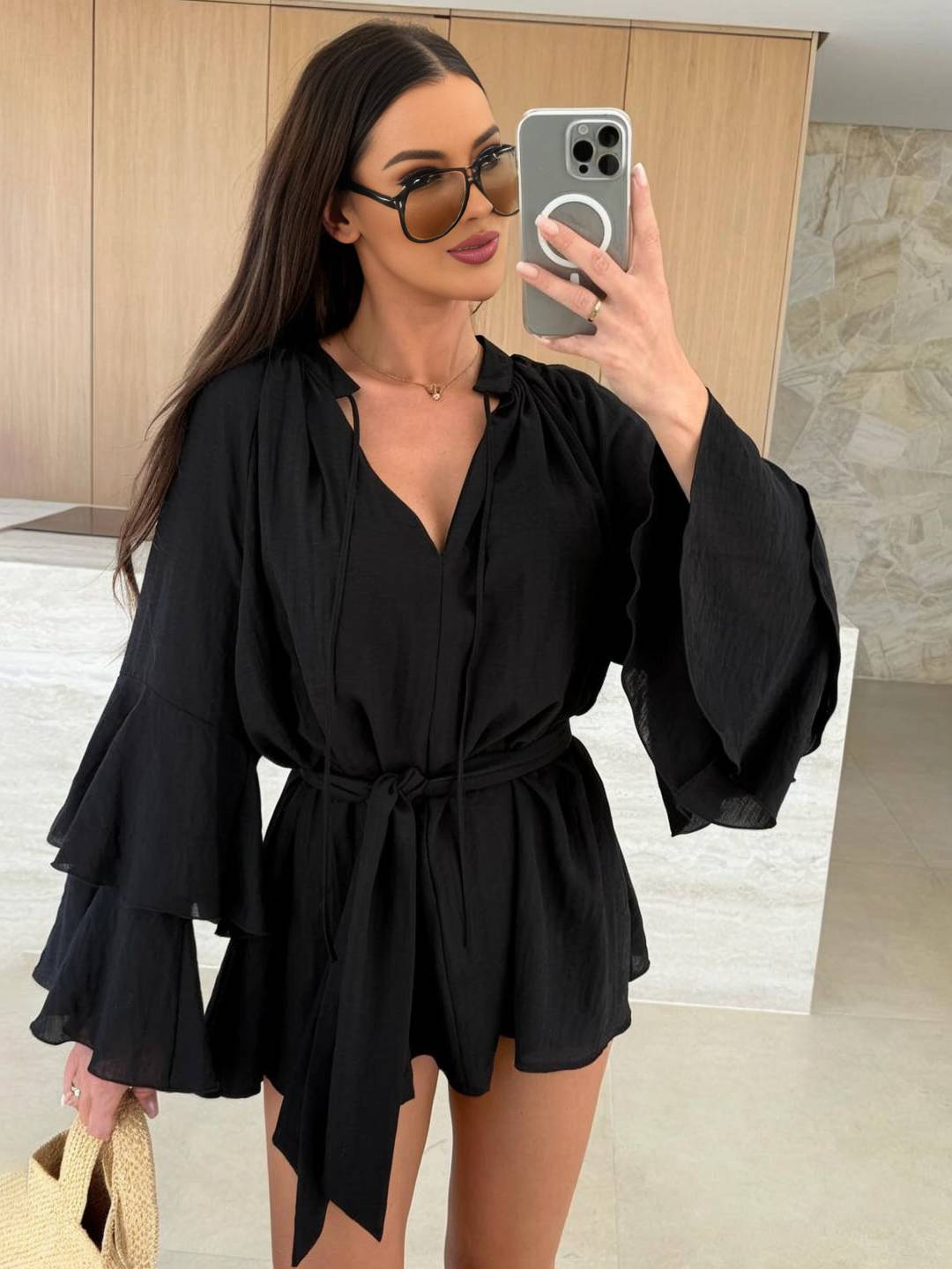 Cocolii mini robe v-cou ceinture irrégulière manches trompette manches longues femme casual bohème décontracté de plage