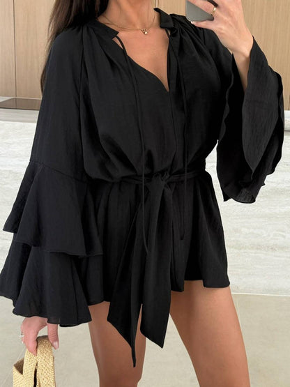 Cocolii mini robe v-cou ceinture irrégulière manches trompette manches longues femme casual bohème décontracté de plage